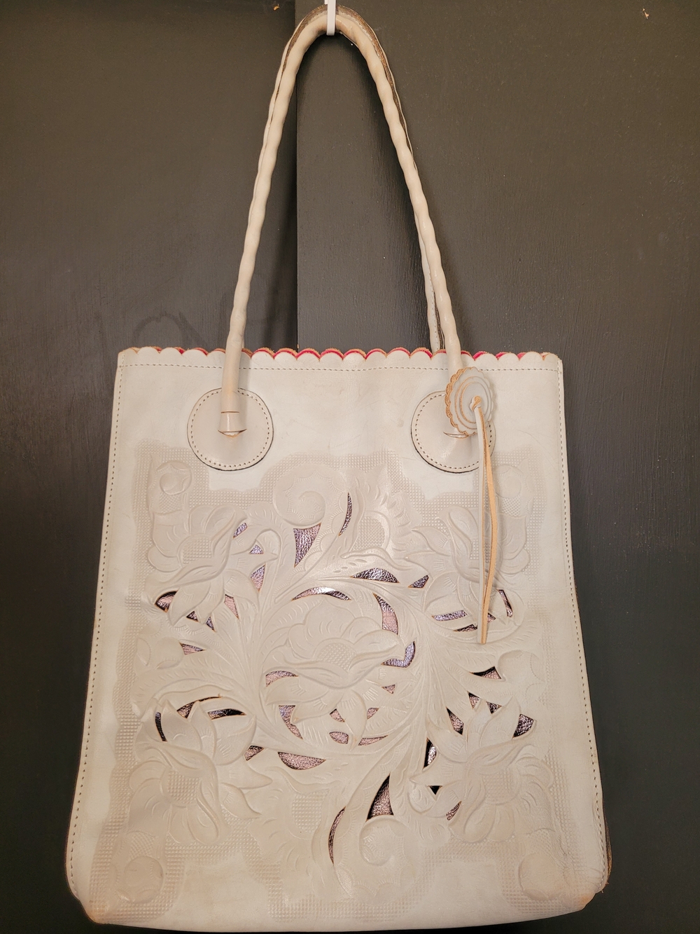 Patricia Nash Cream Leather Floral Cutout Tote with Scalloped Trim